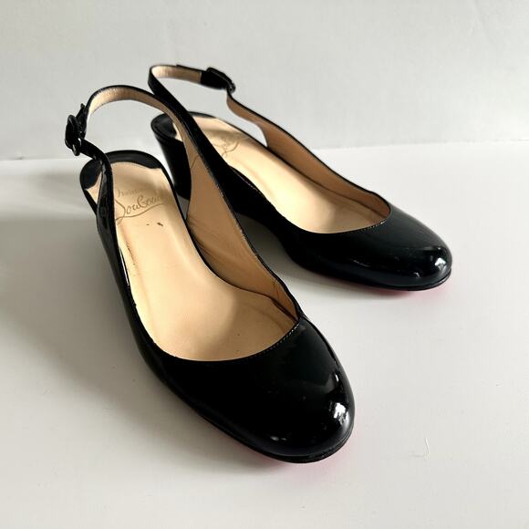 Christian Louboutin Slingback Black Patent Leather Low Wedge 35.5 Round Toe Work - Picture 1 of 8